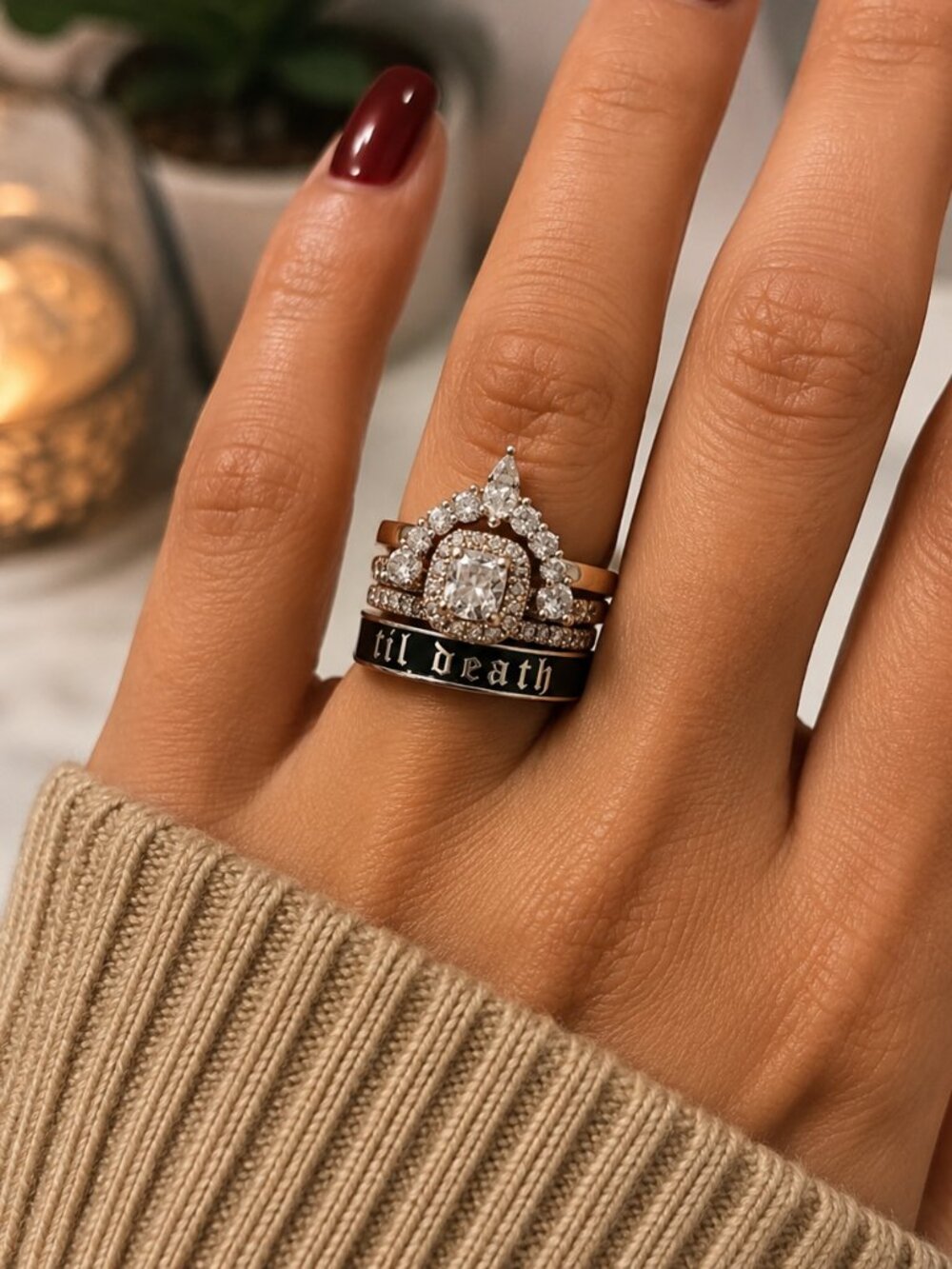 TIL DEATH Silver Black Band Ring Size 7 Stackable Promise Wedding Ring NWT